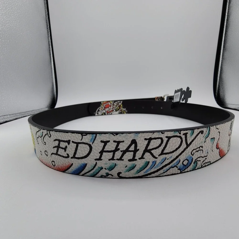 Ed Hardy‎ Surf Crazy Reversible Belt Mens Size 40 Graphic Print Metal Buckle NEW